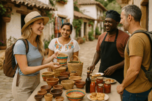 um homem preto e uma mulher parda atendem uma turista que está interessada em comprar artesanato, numa feira de cidade pequena.