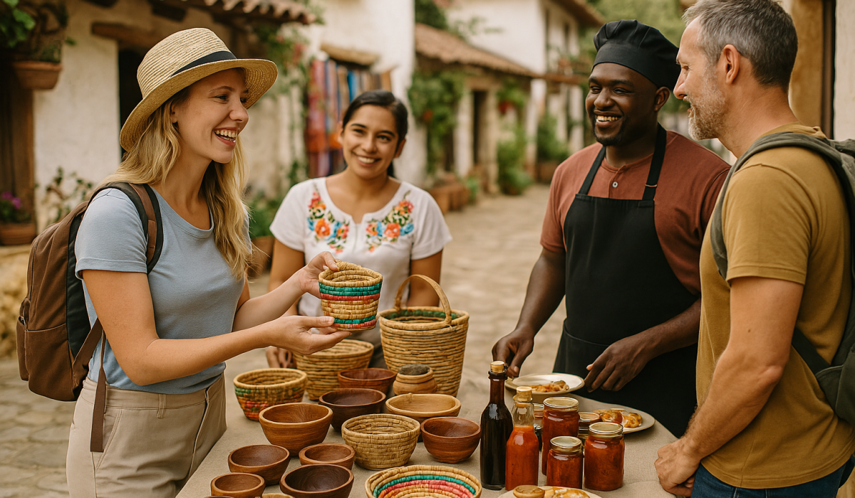 um homem preto e uma mulher parda atendem uma turista que está interessada em comprar artesanato, numa feira de cidade pequena.