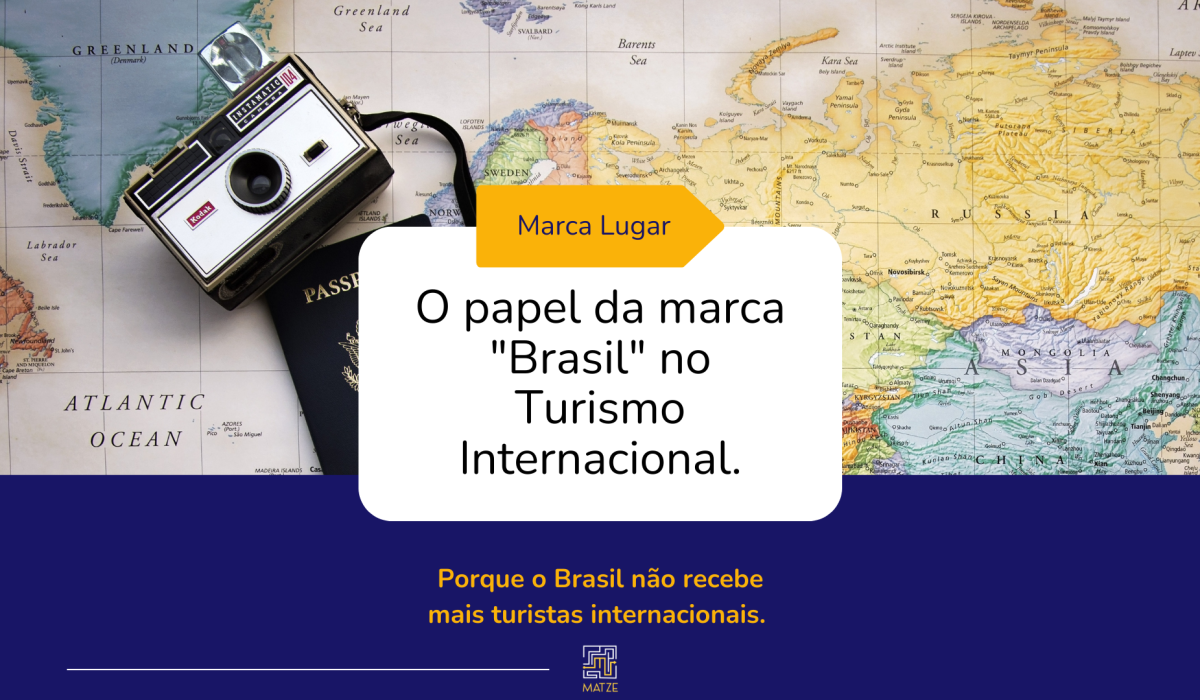 Card com foto do mapa mundi aberto, em cima do mapa há uma máquina fotográfica e um passaporte. No centro está escrito Marca- Lugar.Abaixo, está escrito"O papel da marca "Brasil" no Turismo internacional: porque o Brasil não recebe mais turistas internacionais.